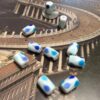 Matte White Gumdrop Glass Cylinder Beads with Blue Accent - 12 pieces