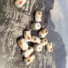 Matte White Gumdrop Glass Cylinder Beads with Burnt Orange Accent - 12 pieces