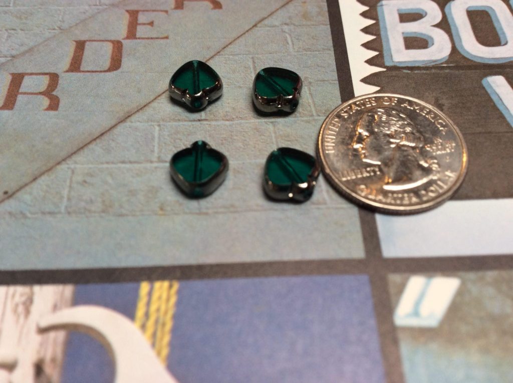 Vintage German Platinum Edged Glass Spade Beads in Emerald 4 Pieces